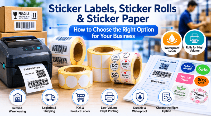 Sticker labels, sticker rolls and sticker paper guide for business labelling and barcode printing