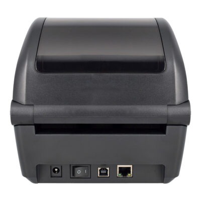Compact POS receipt printer seen from the back with power switch and USBEthernet ports