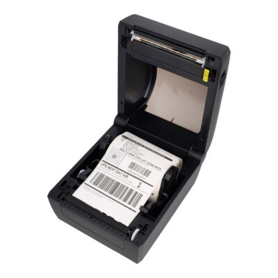 Compact handhelddesktop receipt printer with an open cover and a printed receipt feeding out
