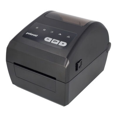 Polaroid compact portable printer from a slightly elevated angle showing a control panel and paper slot