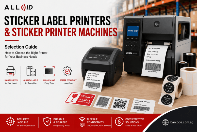 Desktop and industrial sticker label printers producing barcode labels, qr code labels, product stickers, and shipping labels for business operations.