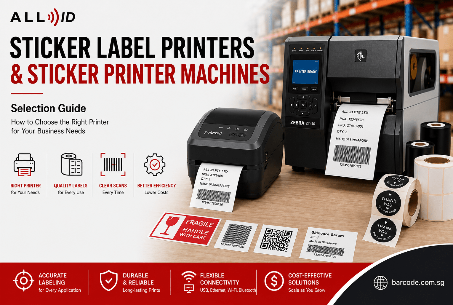 Desktop and industrial sticker label printers producing barcode labels, qr code labels, product stickers, and shipping labels for business operations.