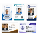 Six employee/visitor id badges with photos, names, and roles from different organizations (pinnacle solutions, citycare medical centre, riverdale school, seaside hotel, coretech).