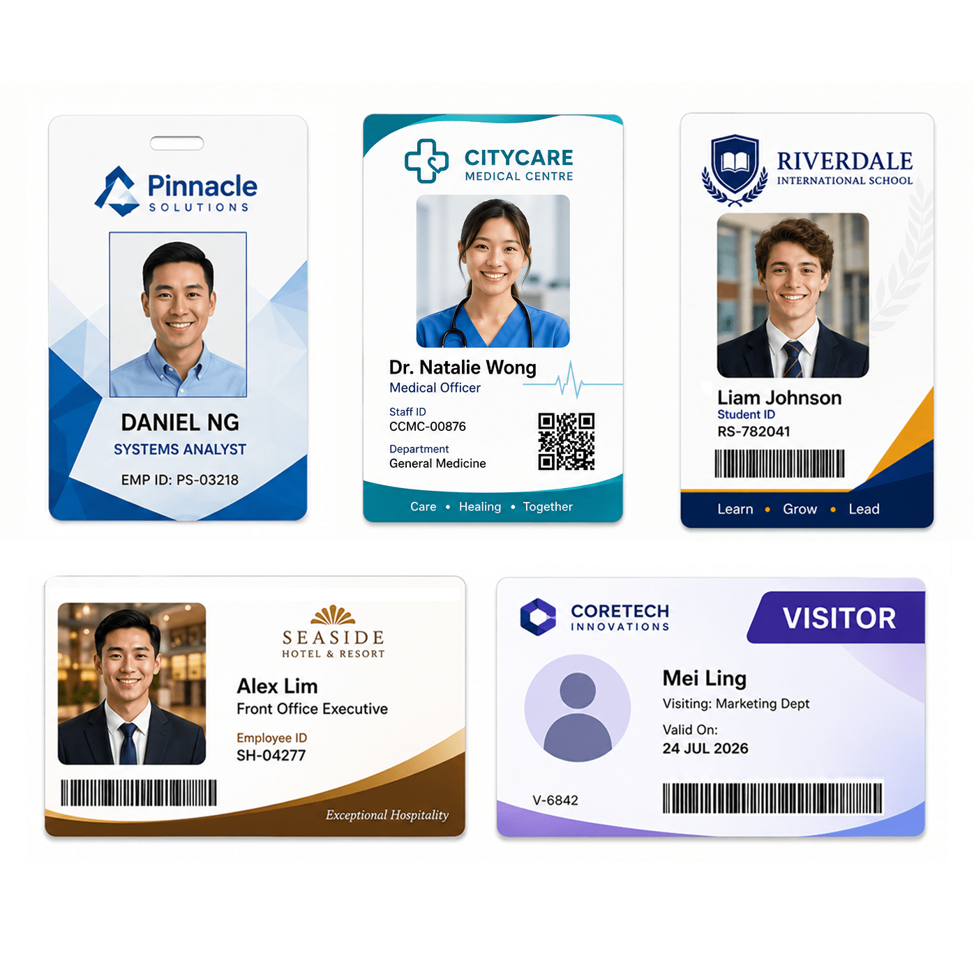 Six employee/visitor ID badges with photos, names, and roles from different organizations (Pinnacle Solutions, CityCare Medical Centre, Riverdale School, Seaside Hotel, CoreTech).