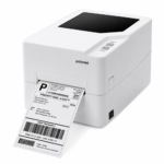 White Polaroid label printer printing a shipping label with a barcode emerging from the slot on a white background