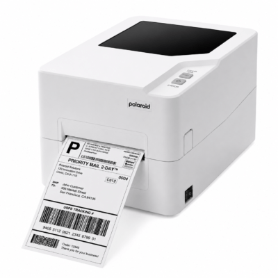 White Polaroid label printer printing a shipping label with a barcode emerging from the slot on a white background