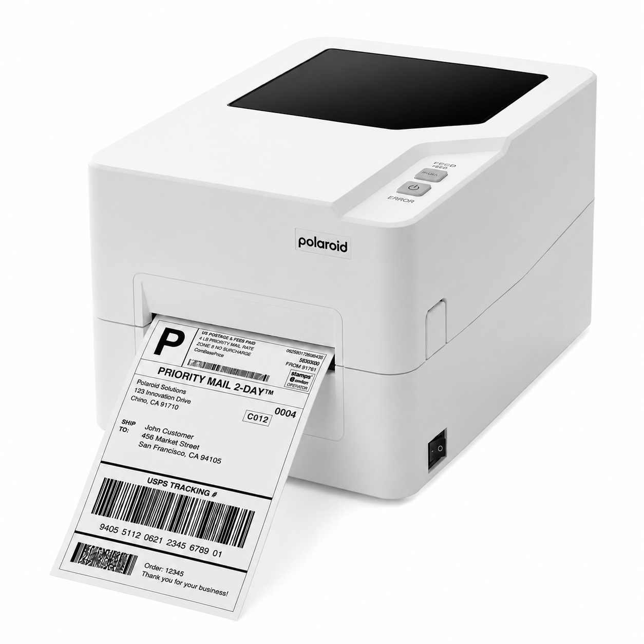 White Polaroid label printer printing a shipping label with a barcode emerging from the slot on a white background.