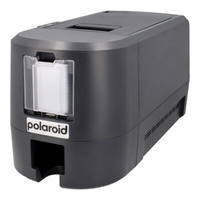 Polaroidp300card printerleft All ID Asia Barcodecomsg Polaroid compact instant photo printer facing the front with its paper slot and branding visible