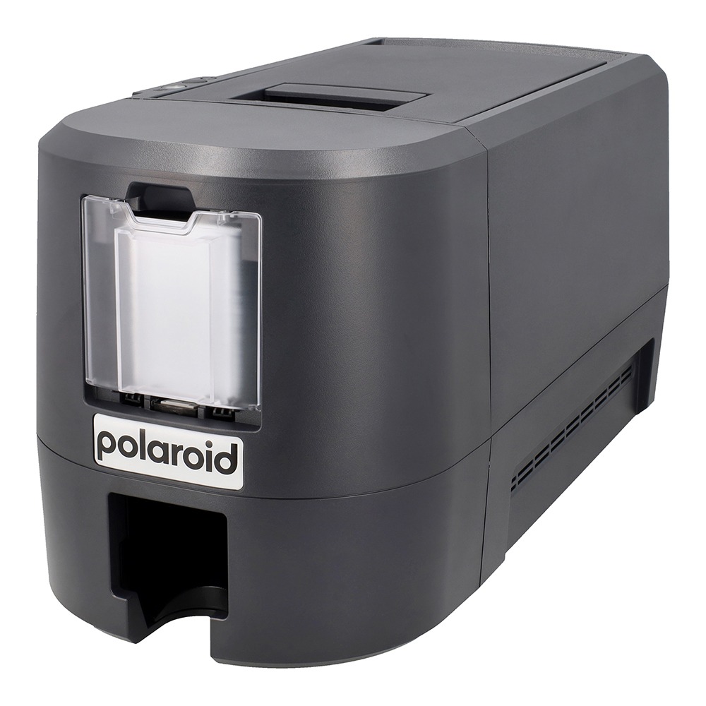 Polaroid compact instant photo printer facing the front with its paper slot and branding visible.