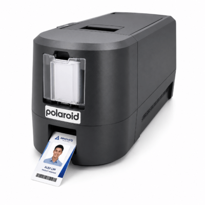 Polaroid instant printer printing a name badge showing a portrait and the name alex lim (product manager).
