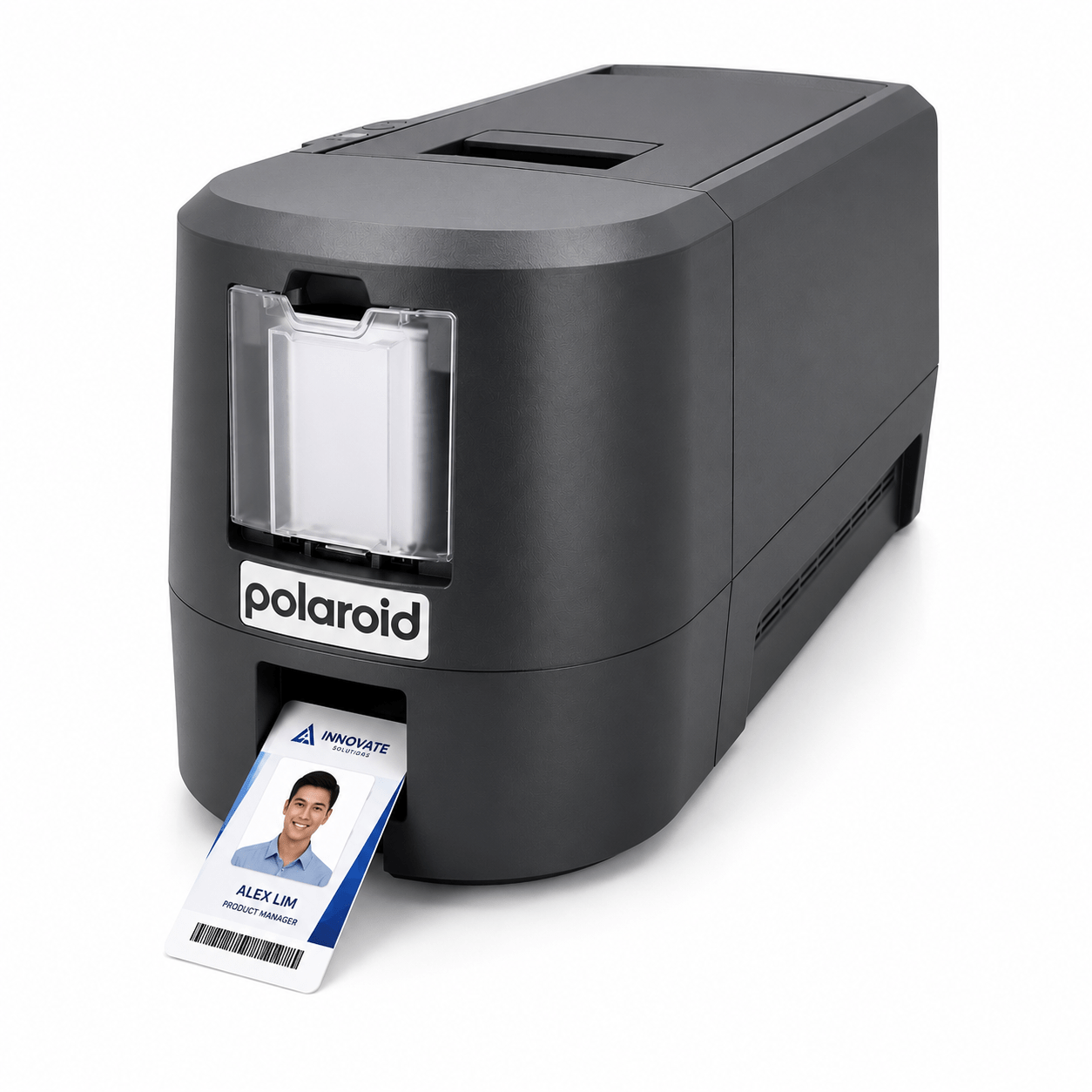 Polaroid instant printer printing a name badge showing a portrait and the name Alex Lim (Product Manager).