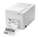 White polaroid label printer ejecting a printed shipping label with barcode and address details