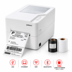 Polaroid label printer with printed shipping label, plus black and white label rolls nearby.