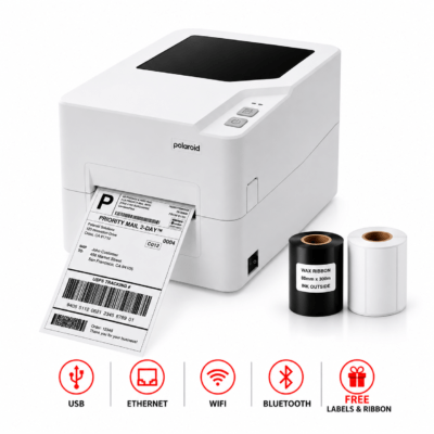 White Polaroid label printer printing a shipping label two labelribbon rolls beside it and connectivity icons USB Ethernet Wi Fi Bluetooth with a Free labels  ribbon promo area
