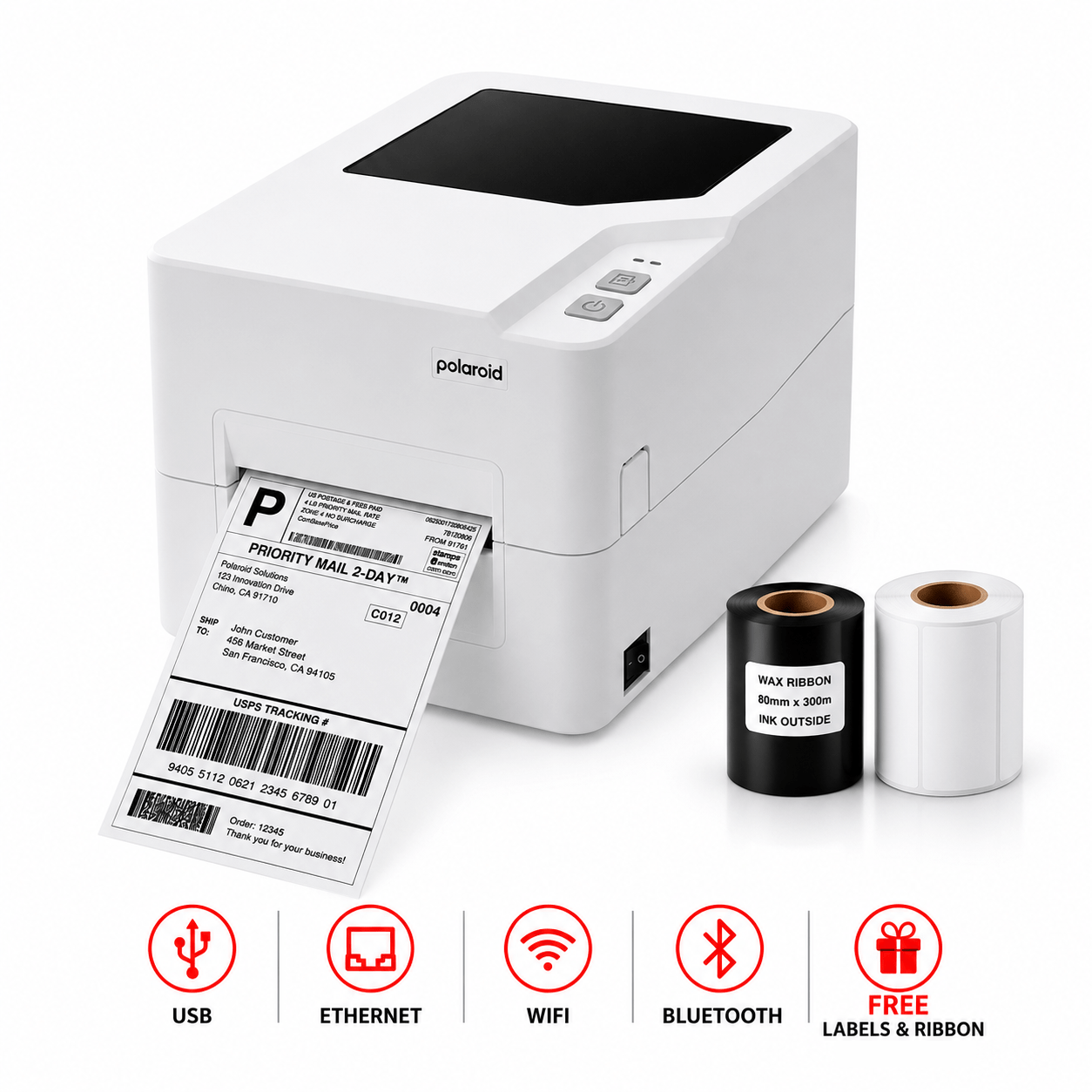 White Polaroid label printer printing a shipping label; two label/ribbon rolls beside it and connectivity icons (USB, Ethernet, Wi-Fi, Bluetooth) with a 'Free labels & ribbon' promo area.