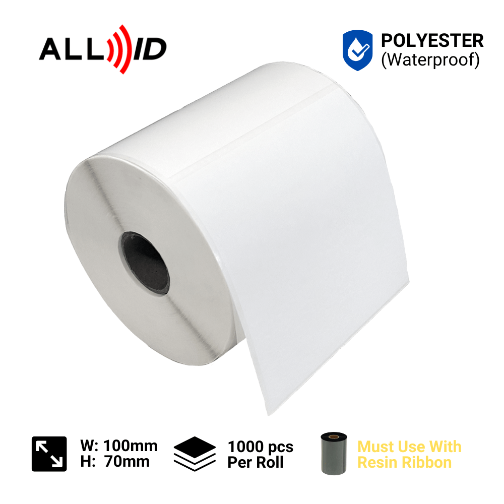 White resin ribbon roll with ALL ID and POLYESTER (Waterproof) logos; size W100mm × H70mm; 1000 pcs per roll; must use with resin ribbon