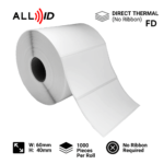 Roll of white direct thermal label stock with ALL ID and No Ribbon FD logos 60×40 mm 1000 pieces per roll No Ribbon Required