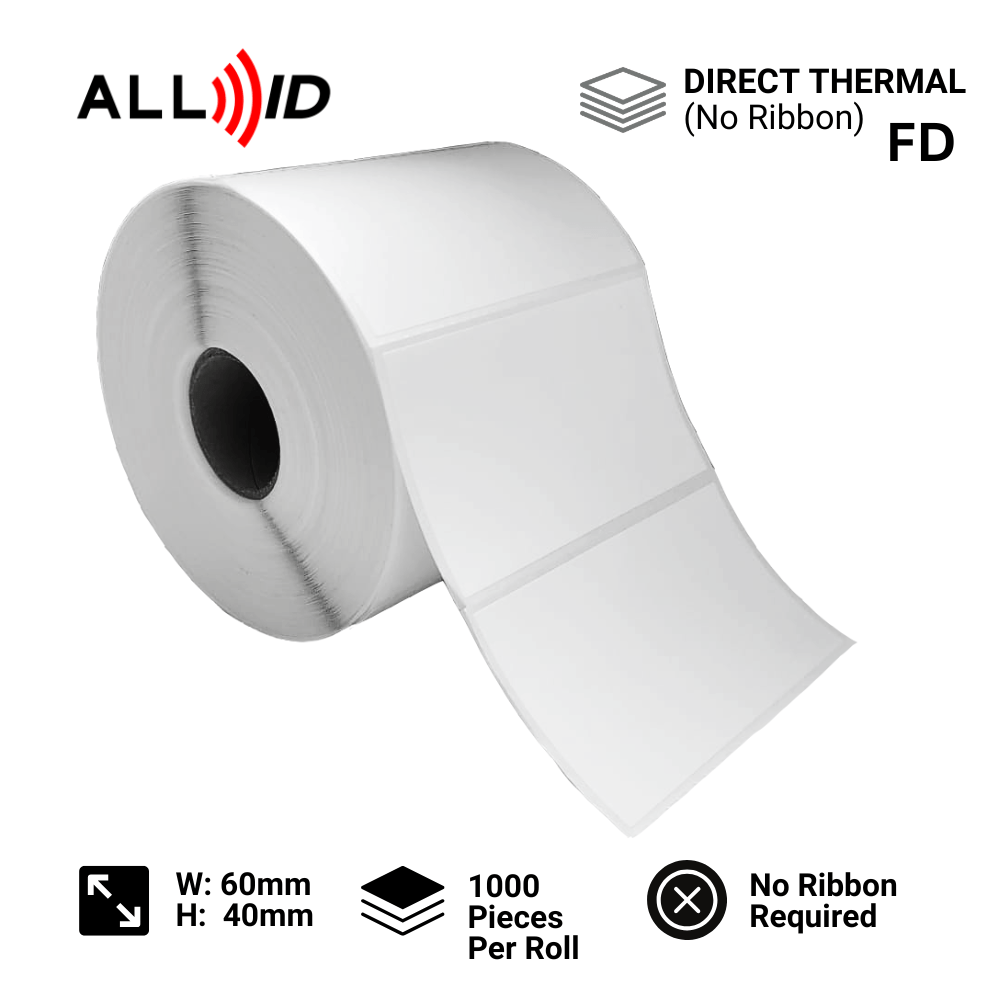 Roll of white direct-thermal label stock with ALL ID and No Ribbon FD logos; 60×40 mm, 1000 pieces per roll (No Ribbon Required).