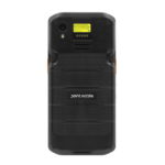 Back view of a rugged Point Mobile smartphone with a textured grip orange side clips camera at the top and speaker grille above the textured panels