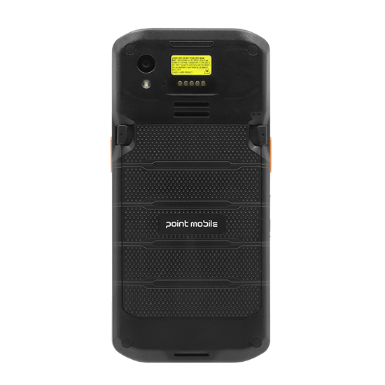Back view of a rugged Point Mobile smartphone with a textured grip, orange side clips, camera at the top and speaker grille above the textured panels.