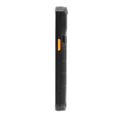 Side view of a black rugged handheld device with an orange textured side button