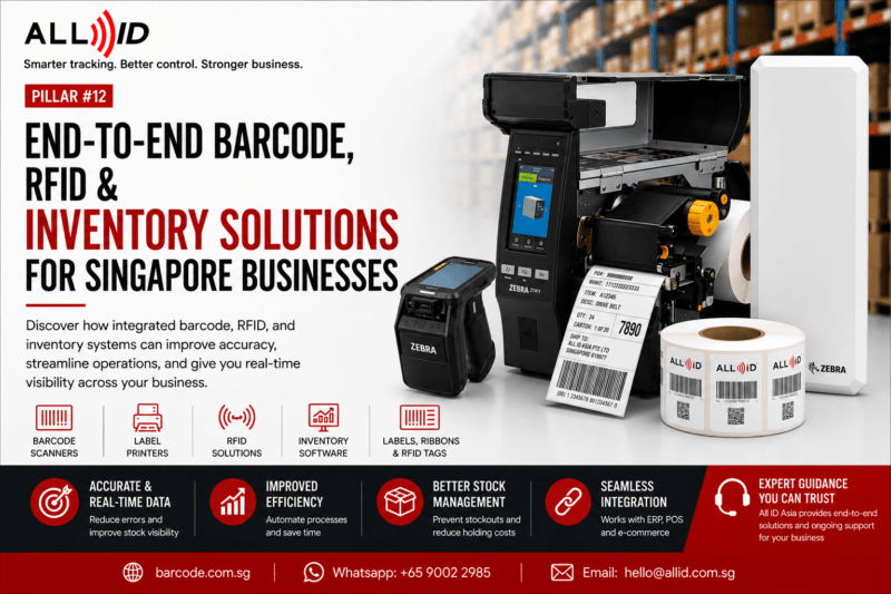 End to end barcode RFID and inventory solutions for Singapore businesses featuring Zebra label printer RFID reader barcode scanner RFID antenna and barcode labels