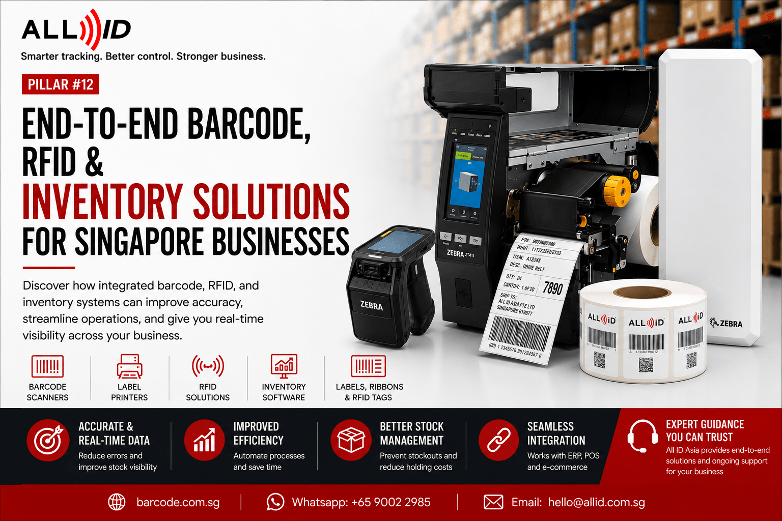 End to end barcode RFID and inventory solutions for Singapore businesses featuring Zebra label printer RFID reader barcode scanner RFID antenna and barcode labels