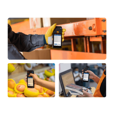 Warehouse worker in a yellow glove holds a handheld barcode scanner to scan items on shelving or equipment behindtrim