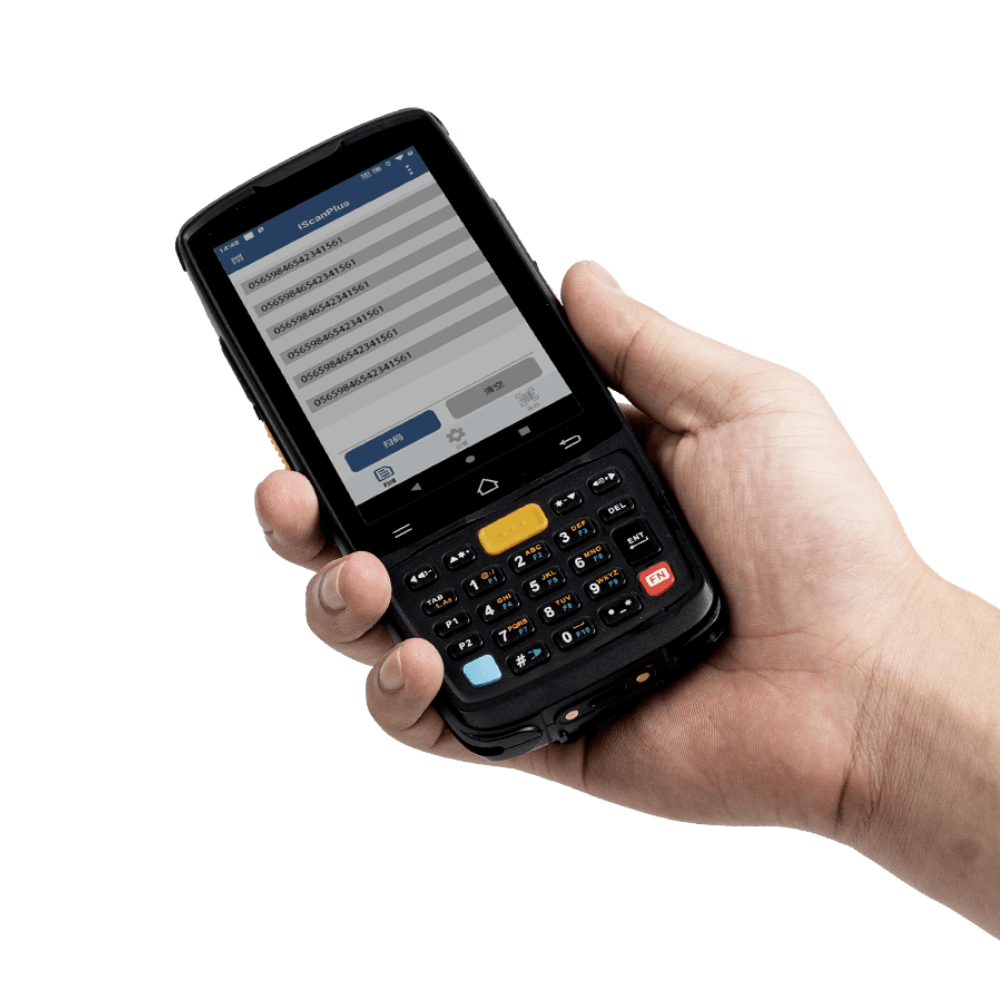 Handheld barcode scanner held in a hand, with a keypad and screen displaying codes.