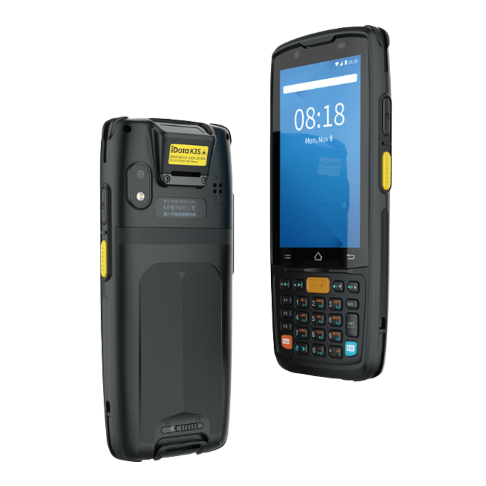 Two rugged handheld PDAs used for data capture: one shown from the front with a numeric keypad, the other from the back, highlighting a barcode scanner and rugged casing for warehouse use.