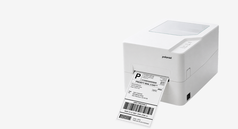 Compact label printer printing a shipping label from a roll, with Polaroid branding visible on the side.