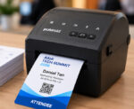 Polaroid badge printer issuing an attendee badge for Asia Tech Summit 2026 with name Daniel Tan and QR code Attendee