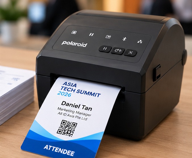 Polaroid badge printer issuing an attendee badge for Asia Tech Summit 2026 with name Daniel Tan and QR code (Attendee).