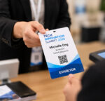 Exhibitor badge being handed to a attendee at Tech Innovation Summit 2026 showing the name Michelle Ong and company Smart Solutions with a QR code