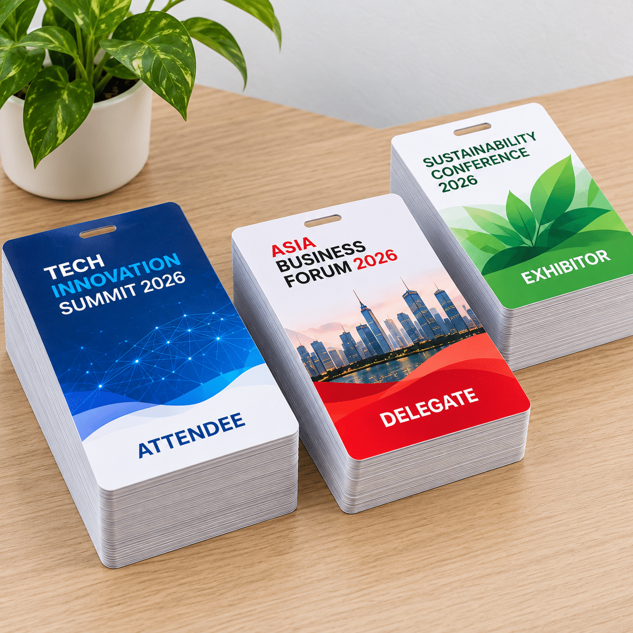 Three conference badges on a wooden desk: Attendee for Tech Innovation Summit 2026, Delegate for Asia Business Forum 2026, and Exhibitor for Sustainability Conference 2026. A plant sits in the background.